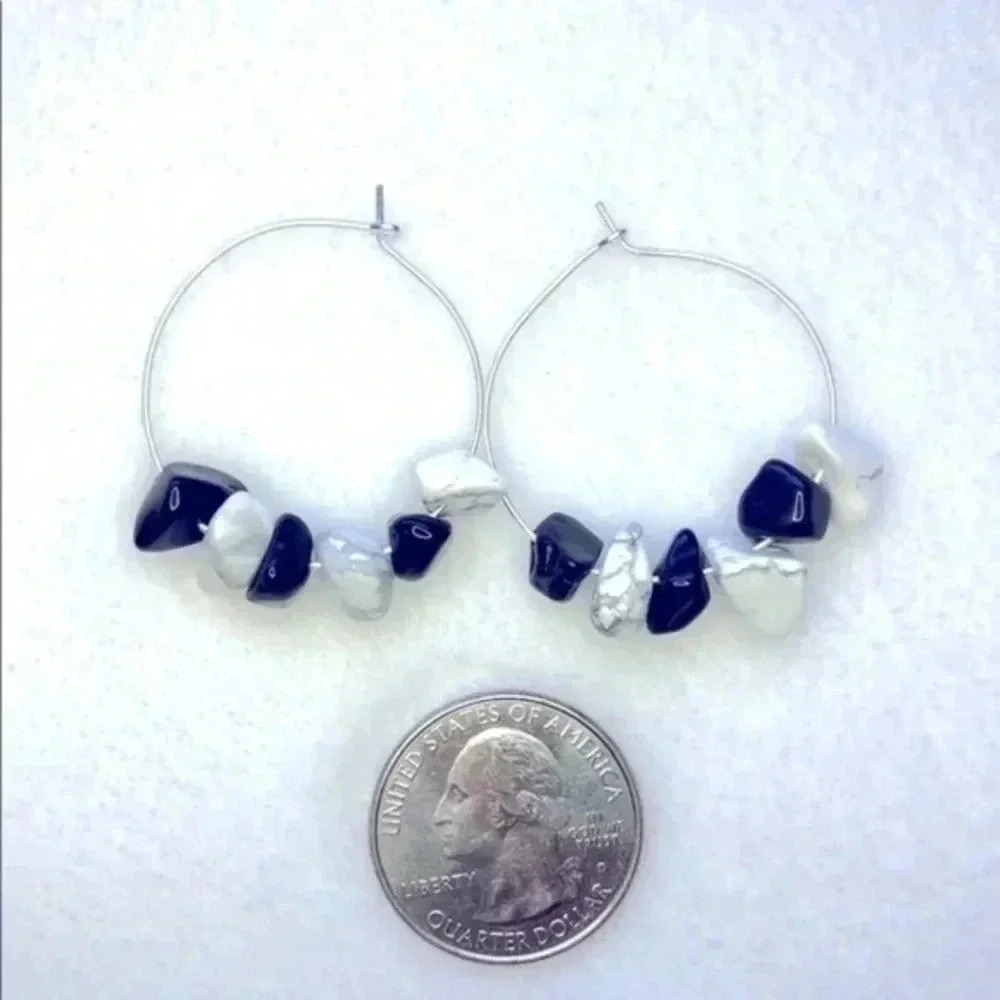 Black White Jasper Silver Hoop Earrings NWT